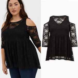 TORRID BLACK LACE COLD SHOULDER BABYDOLL TOP